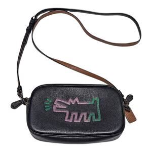 Coach Keith Haring Camera Bag Black Leather Barking Dog Glitter Crossbody Purse